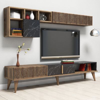 TV FURNITURE SET HM9438.03 MELAMINE IN WALNUT-BLACK MARBLE 180x35x40Hcm.