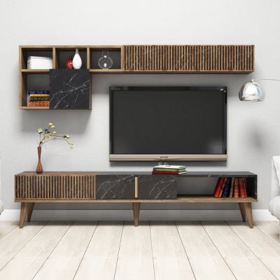 TV FURNITURE SET HM9438.03 MELAMINE IN WALNUT-BLACK MARBLE 180x35x40Hcm.