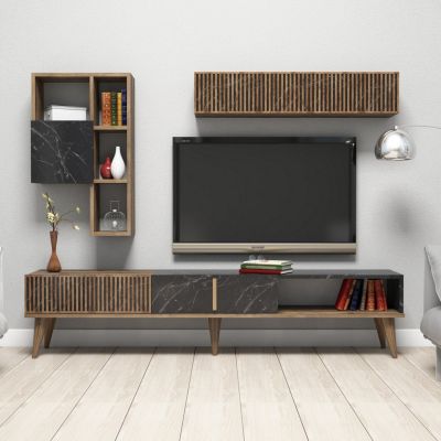 TV FURNITURE SET HM9438.03 MELAMINE IN WALNUT-BLACK MARBLE 180x35x40Hcm.