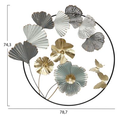 ДЕКОР ЗА СТЕНА HM7552 МЕТАЛНО КРЪГЛО “ПЛАТНО”-ЦВЕТЯ И ПЕПЕРУДИ-СИВО,ЗЛАТНО,БЯЛО,БЕЖОВО,ЧЕРНО