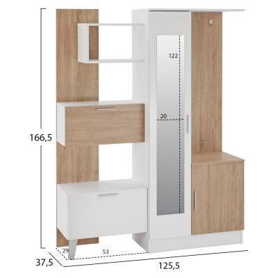 ВХОДНА МЕБЕЛ С РАФТОВЕ И ОГЛЕДАЛО HM2265 БЯЛО-SONAMA 125,5x37,5x166,5cm