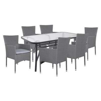 Set 7 pieces Table Metallic grey 160x90 with 6 armchairs grey wicker HM10587.01