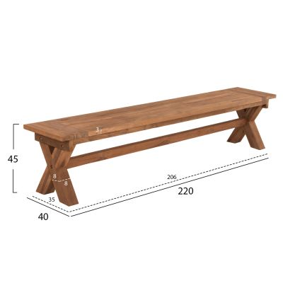 OUTDOOR BENCH HM9564 RECYCLED TEAK WOOD IN NATURAL COLOR 220x40x45Hcm.