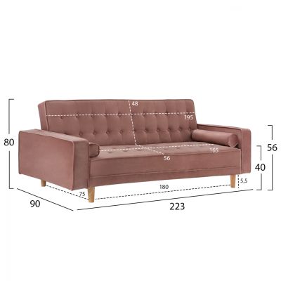 SOFA-BED SALVADOR HM3150.12 VELVET DUSTY PINK 224X88X84cm.