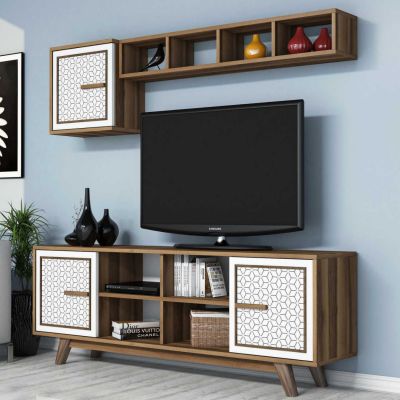 TV FURNITURE SET HM9513.03 MELAMINE IN WALNUT AND WHITE 160x35x56.2Hcm.