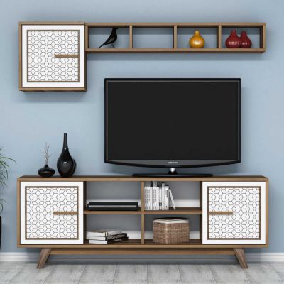 TV FURNITURE SET HM9513.03 MELAMINE IN WALNUT AND WHITE 160x35x56.2Hcm.