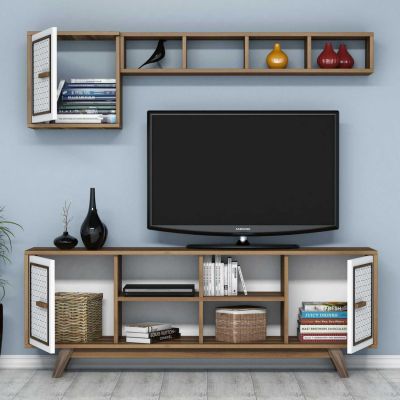 TV FURNITURE SET HM9513.03 MELAMINE IN WALNUT AND WHITE 160x35x56.2Hcm.