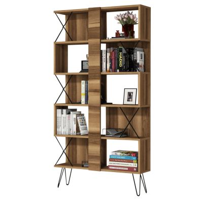 ЕТАЖ ЗА КНИЖИ МЕЛАМИН HM9496.02 ЦВЯТ ОРЕХ-ЧЕРНИ МЕТАЛНИ КРАКА 90x22x167,3Hcm.