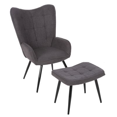 ARMCHAIR CRAWLEY WITH FOOTSTOOL HM8918.21 GREY BOUCLE FABRIC-BLACK METAL LEGS 70x74x105Hcm.