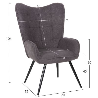 ARMCHAIR CRAWLEY WITH FOOTSTOOL HM8918.21 GREY BOUCLE FABRIC-BLACK METAL LEGS 70x74x105Hcm.