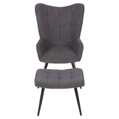 ARMCHAIR CRAWLEY WITH FOOTSTOOL HM8918.21 GREY BOUCLE FABRIC-BLACK METAL LEGS 70x74x105Hcm.