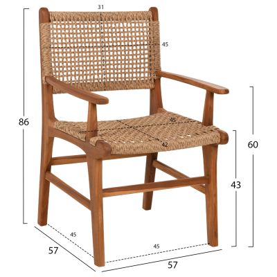 ARMCHAIR NESHA ΗΜ9985.11 SOLID TEAK NATURAL COLOR KNITTED RATTAN ROPE 57Χ57Χ86Hcm.