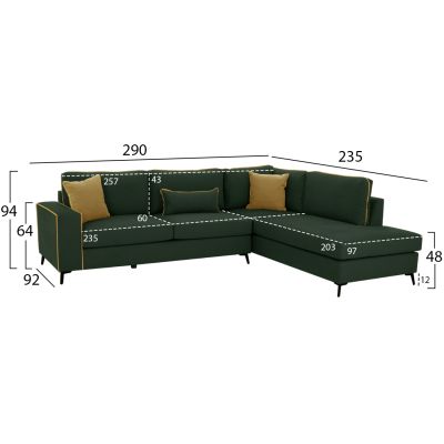 SOFA RIGHT CORNER DIVA HM3254.17R IN CYPRESS GREEN WATER-REPELLANT FABRIC 290x235x94Hcm.