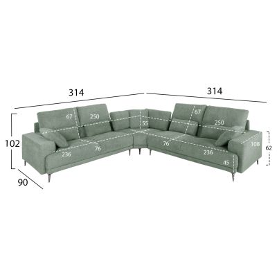 CORNER SOFA SYMMET HM3269.06 MINT FABRIC-GLOSSY ANTHRACITE LEGS 314x314x90-102Hcm.