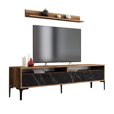 TV FURNITURE SET HM9517.03 MELAMINE IN WALNUT WITH BLACK MARBLE LOOK DOORS 180x35x47Hcm.