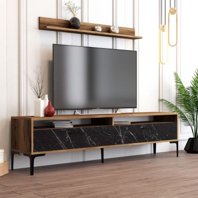 TV FURNITURE SET HM9517.03 MELAMINE IN WALNUT WITH BLACK MARBLE LOOK DOORS 180x35x47Hcm.