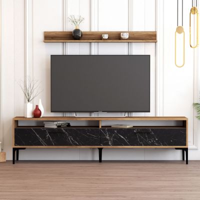 TV FURNITURE SET HM9517.03 MELAMINE IN WALNUT WITH BLACK MARBLE LOOK DOORS 180x35x47Hcm.