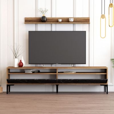 TV FURNITURE SET HM9517.03 MELAMINE IN WALNUT WITH BLACK MARBLE LOOK DOORS 180x35x47Hcm.