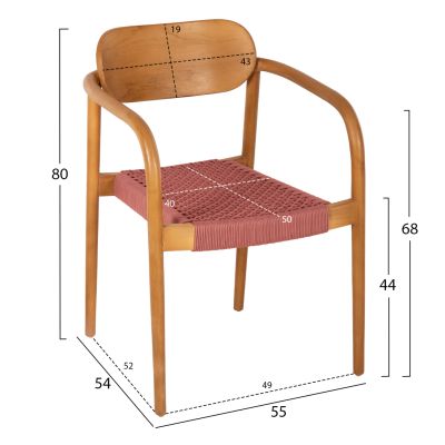 КРЕСЛО OSLO HM9636.06 ТИКОВО ДЪРВО В ЕСТЕСТВЕНО И РОЗОВО ВЪЖЕ 55x54x80Hcm.