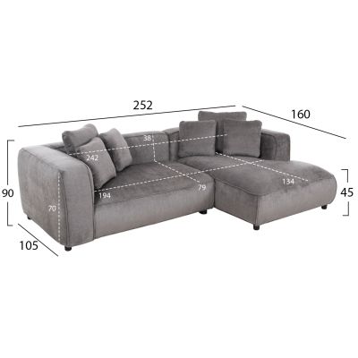 CORNER SOFA 3-SEATER GRACE HM3280.03R GREY FABRIC 252x105-160x70-90Hcm.