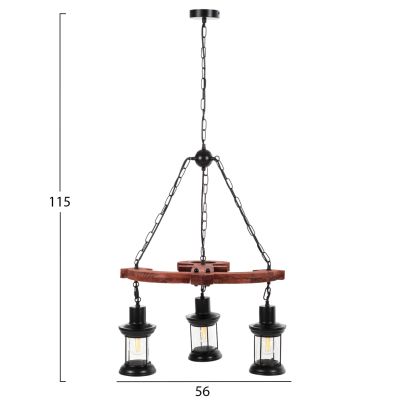 CEILING PENDANT 3-LIGHT FIXTURE HM4115 WOOD-METAL-GLASS 115H cm.