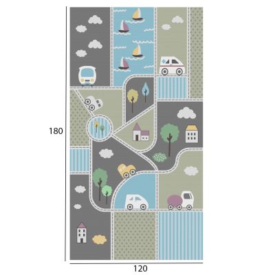 HM7679.16 120Χ180см, детско килимче с различни предмети в сиво-синьо-зелено, ресни