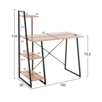 БЮРО HM9316 ТЪМНО СИВ МЕТАЛИК С МДФ ПЛОТ В ЦВЯТ ДЪБ 102X50X118Hсм.