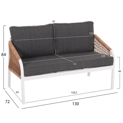 OUTDOOR SOFA 2-SEATER MAERLY HM6116.01 ALUMINUM IN WHITE-DARK BEIGE SYNTHETIC ROPE-ANTHRACITE CUSHIONS