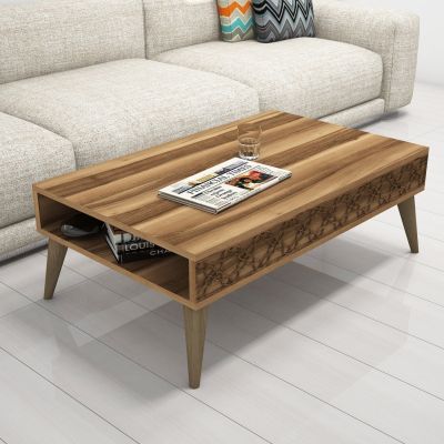 COFFEE TABLE MELAMINE HM9499.01 IN WALNUT COLOR WITH CARVED SIDES 105x60x36.6Hcm.