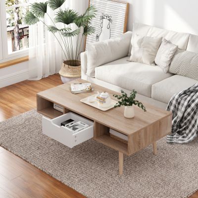 COFFEE TABLE KRENER HM9877.04 MELAMINE IN SONAMA & WHITE-SOLID PINE WOOD LEGS 104Χ50Χ42Hcm.