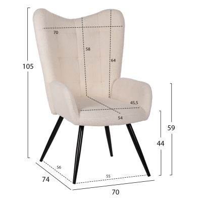 ARMCHAIR CRAWLEY WITH FOOTSTOOL HM8918.25 WHITE BOUCLE FABRIC-BLACK METAL LEGS 70x74x105Hcm.