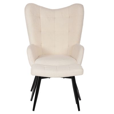 ARMCHAIR CRAWLEY WITH FOOTSTOOL HM8918.25 WHITE BOUCLE FABRIC-BLACK METAL LEGS 70x74x105Hcm.