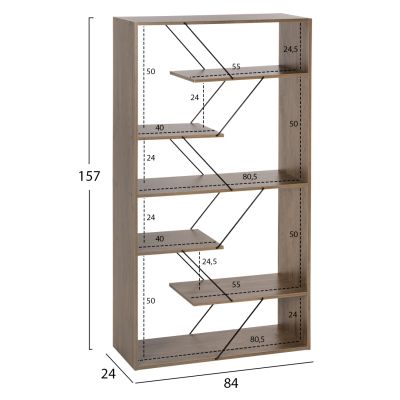 BOOKCASE TARS HM2240.13 OLIVE GREY MELAMINE-BLACK METAL RODS 84x24x157Hcm.