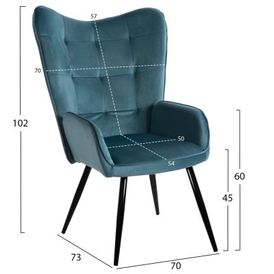 ARMCHAIR BERGERE WITH FOOTSTOOL CRAWLEY HM8918.17 PETROL BLUE VELVET 70x73x102Hcm