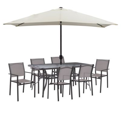 OUTDOOR DINING SET HM11797.10 8PCS TABLE 150X90 & METAL ARMCHAIRS TEXTLINE GREY & UMBRELLA BEIGE