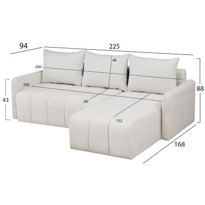 CORNER SOFA-BED PROTON HM3272.01 WHITE BOUCLE FABRIC 225x94x70Hcm.