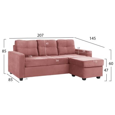 SOFA CORNER REVERSIBLE FABRIC VELVET DUSTY PINK 207x145x85Y cm. HM3004.12