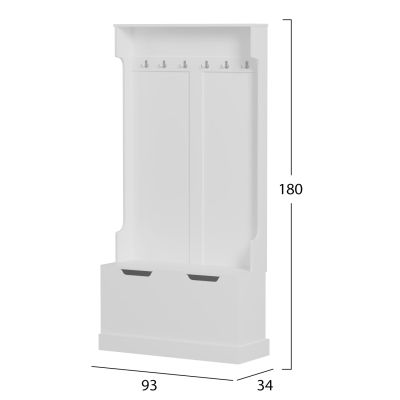 ENTRYWAY FURNITURE KAYLOR HM2475.03 WITH HOOKS&STORAGE SPACE-MDF IN WHITE 93x34x180Hcm.