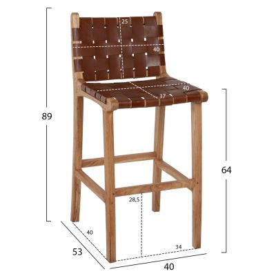 STOOL WITH BACKREST FB99380.01 TALL MINDI WOOD KNITTED LEATHER NATURAL, 40X53X89H