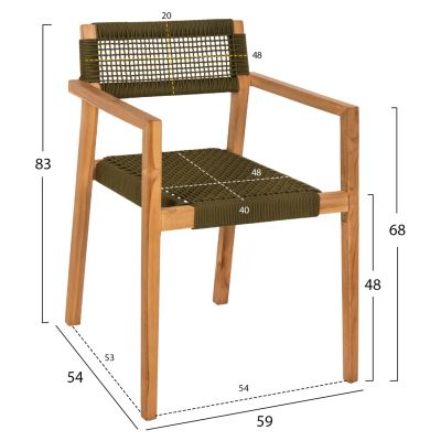 КРЕСЛО CHARLOTTE HM9637.05 ТИКОВО ДЪРВО В ЕСТЕСТВЕНО И ЗЕЛЕНО ВЪЖЕ 59x54x83Hcm.