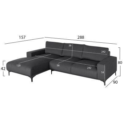 ЪГЛОВ ДИВАН (ЛЯВ) NOA HM3278.02L ДАМАСА АНТРАЦИТ 288x90-157x67-80Hcm.