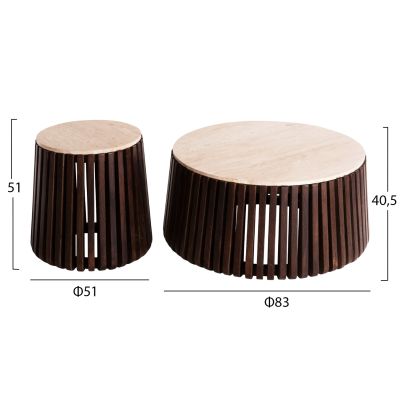 SET 2PCS COFFEE TABLES ROUND KREST HM11958 SOLID ACACIA WOOD-TRAVERTINE Φ90 & Φ50cm.