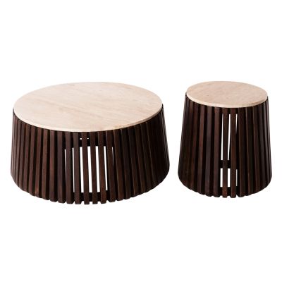 SET 2PCS COFFEE TABLES ROUND KREST HM11958 SOLID ACACIA WOOD-TRAVERTINE Φ90 & Φ50cm.