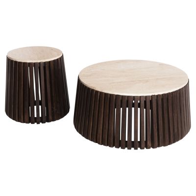 SET 2PCS COFFEE TABLES ROUND KREST HM11958 SOLID ACACIA WOOD-TRAVERTINE Φ90 & Φ50cm.