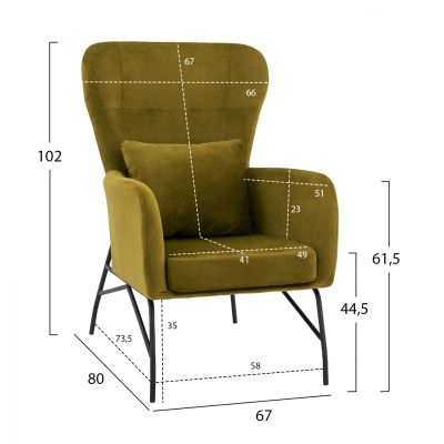 Armchair Velvet Olive-green shade with metallic black leg HM8721.13 67x80x102 cm.