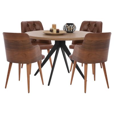 DINING SET 5PCS TABLE Φ120x75H & ARMCHAIRS TAN-BROWN-WOOD HM10642