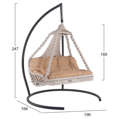 HANGING NEST FOR 2 HM5898.02 MACRAME ROPE IN ECRU-DARK GREY METAL BASE 156x90x160Hcm.