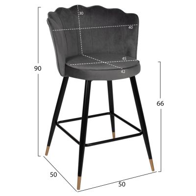 BAR STOOL VESNA HM8736.01 GREY VELVET METAL FRAME IN BLACK 50x50x90Hcm.