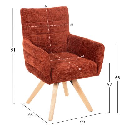 DINING ARMCHAIR GAZER HM9845.06 REDDISH BROWN FABRIC-RUBBERWOOD LEGS 66x63x91Hcm.