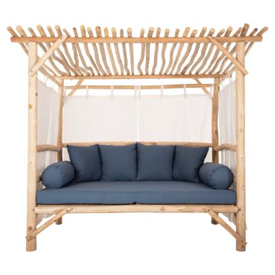 OUTDOOR SOFABED WITH SHADES ALKIOR HM6110 TEAK BRANCHES-BLUE CUSHIONS